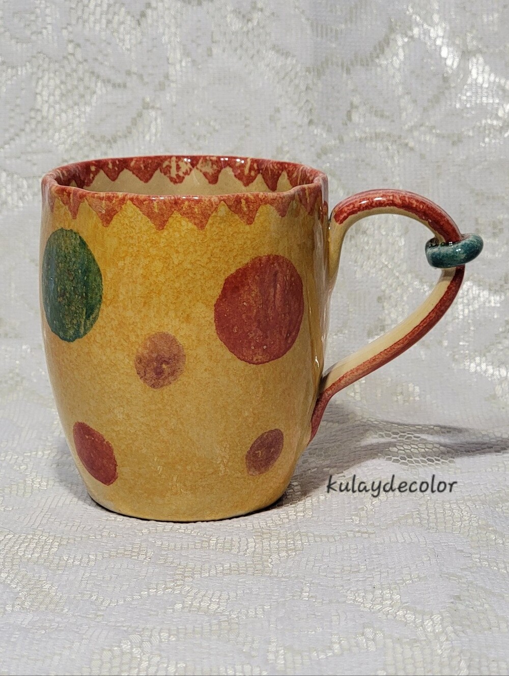Handmade Hand Painted Italian Pottery Mug Colorful Polka Dot Coffee Cup Italy